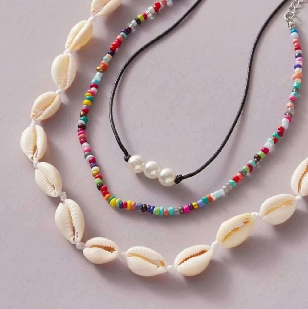 Multicolored Beaded Necklace with Puka Shells & a Wire Pearl Necklace